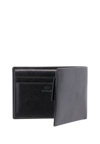 Portafoglio in pelle nera con molteplici scomparti per carte, texture liscia e logo impresso all'interno. Design pieghevole con forma classica.