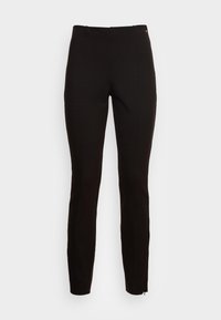 Musta housut venyvästä kankaasta. Ominaisuuksina slim fit -leikkaus, sileä pinta ja tasainen etuosa, jossa kaksi etutaskua ja vetoketju helmassa.