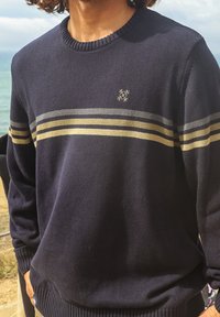 Pull en tricot marine avec des rayures horizontales gris et or. Encolure ronde et logo flocon de neige brodé sur la poitrine.