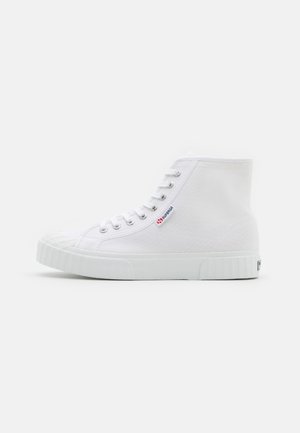 High-top sneakers made from white canvas with a textured finish, featuring a white rubber sole and metal eyelets for laces.