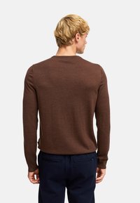 Maglione marrone aderente realizzato in un tessuto texture, con maniche lunghe e scollo a girocollo, abbinato a pantaloni blu.