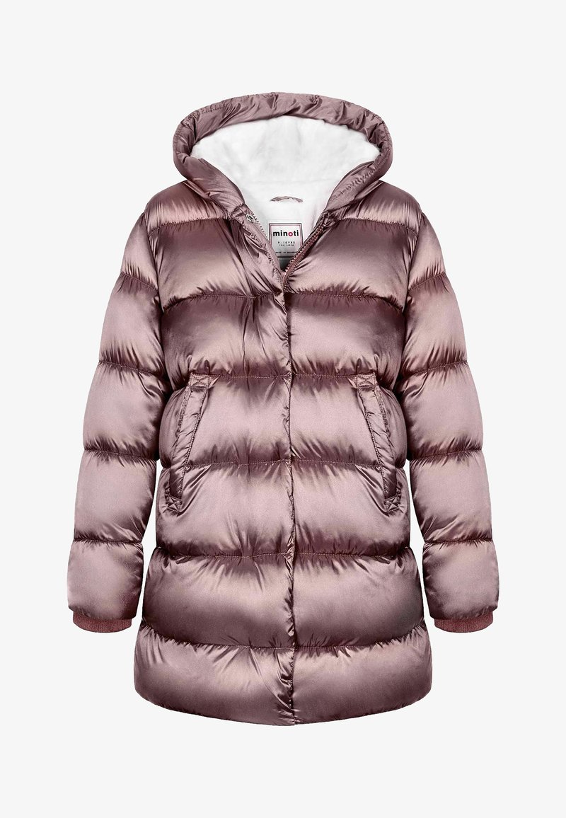 Veste matelassée rembourrée mauve brillante avec capuche, poches avant et fermeture éclair, conçue pour temps froid.