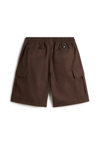 Shorts cargo marron avec taille élastique, deux poches arrière passepoilées et poches latérales à rabat, posés à plat montrant le dos.