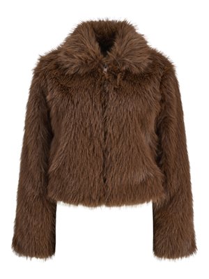 Brown faux fur cropped jacket with a high collar, zip closure, and long sleeves, featuring a textured and fluffy design.
