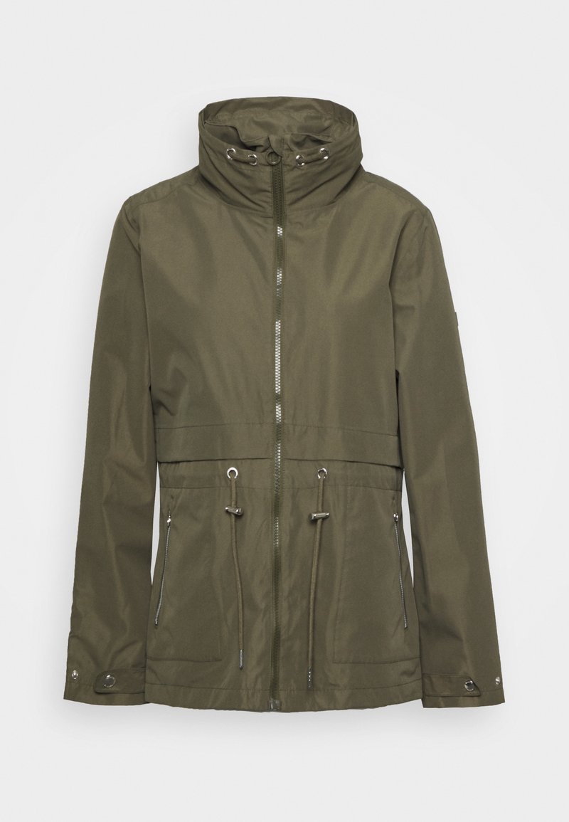 Veste imperméable vert olive avec un col montant, une fermeture éclair à l'avant, une taille avec cordon de serrage et deux poches latérales zippées. Tissu lisse et léger.