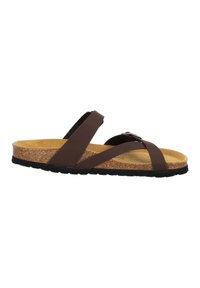 Brown leather sandal with cork footbed, adjustable straps, rubber sole, and minimalist design. Smooth texture and open-toe style.