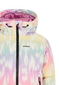 Farebná puffa bunda s viacfarebným pastelovým vzorom, predným zipsom, nastaviteľnou kapucňou a čiernym logom.