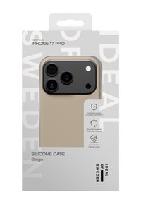 Beige silikoneetui til iPhone 17 Pro med afrundet design, beskyttende kanter, struktureret finish og emballage med produktdetaljer.