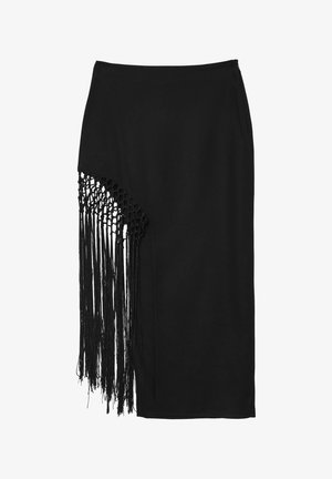 Black midi skirt with a high waist and asymmetrical hem, featuring a fringe detail made of woven threads on one side. Smooth texture.