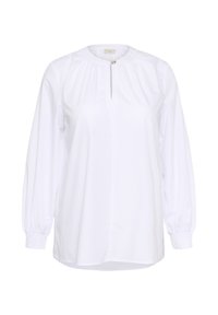 Blouse blanche à manches longues avec un col froncé, une ouverture en goutte d'eau et des poignets élastiques. Confectionnée dans un tissu lisse avec une coupe légèrement décontractée.