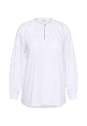 Biela blúzka s dlhými rukávmi, s nariaseným výstrihom, otvorom v tvare kľúčovej dierky a elastickými manžetami. Vyrobená z hladkej tkaniny so mierne voľným strihom.