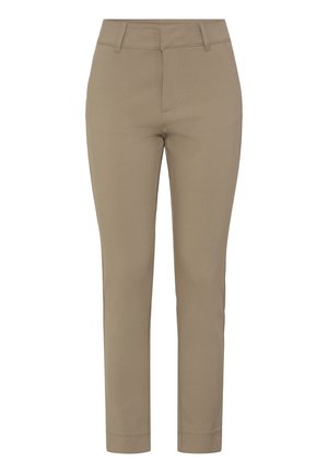 Pantalon kaki présentant une coupe droite, une texture lisse et une taille mi-haute. Comprend des passants de ceinture et un léger pli sur le devant.