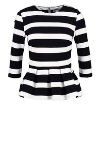 Haut peplum à rayures noires et blanches avec des manches trois-quarts, col rond et fermeture éclair au dos. Fabriqué en tissu lisse, offrant une forme structurée.