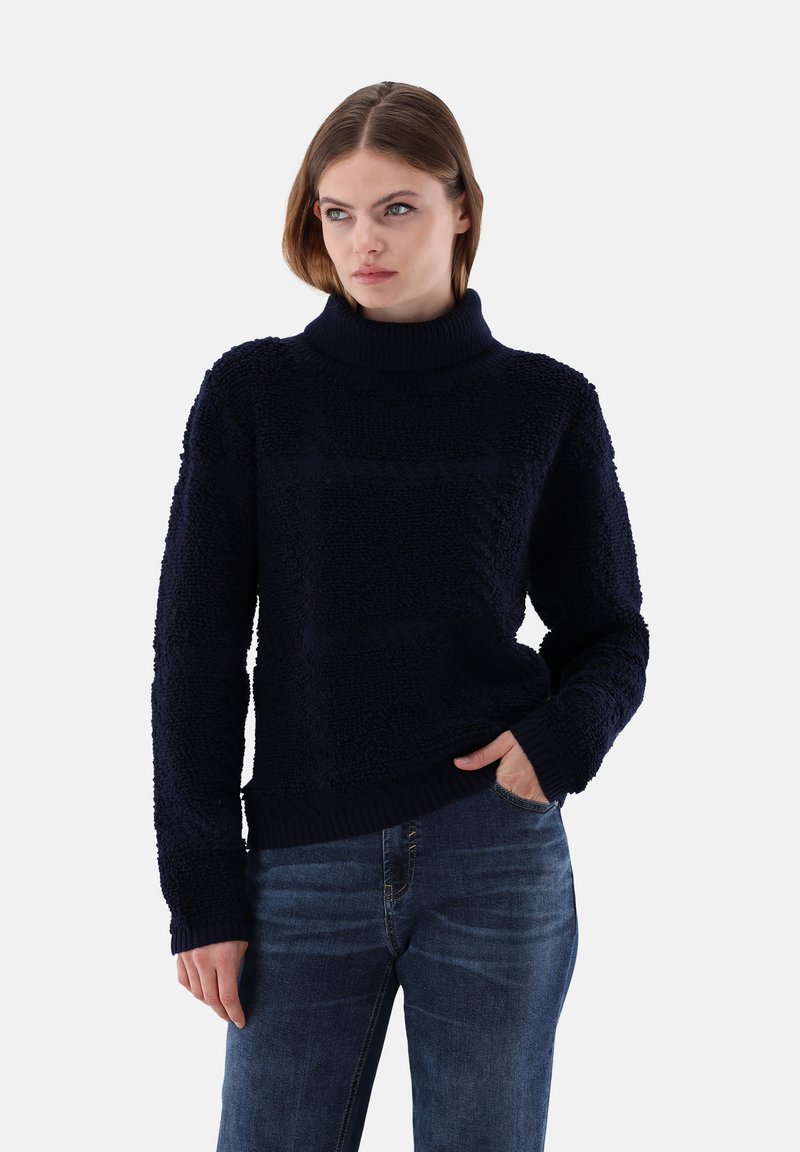 Marinblauer, strukturiertes Sweatshirt mit hohem Kragen und langen Ärmeln. Gerippte Bündchen und Saum, mit einer weichen, flauschigen Oberfl äche.