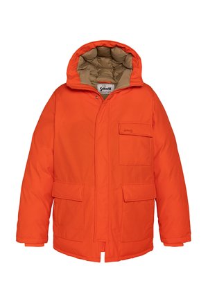 Orange insulated jacket with a hood, featuring a tan interior lining, front zipper, and two front flap pockets.