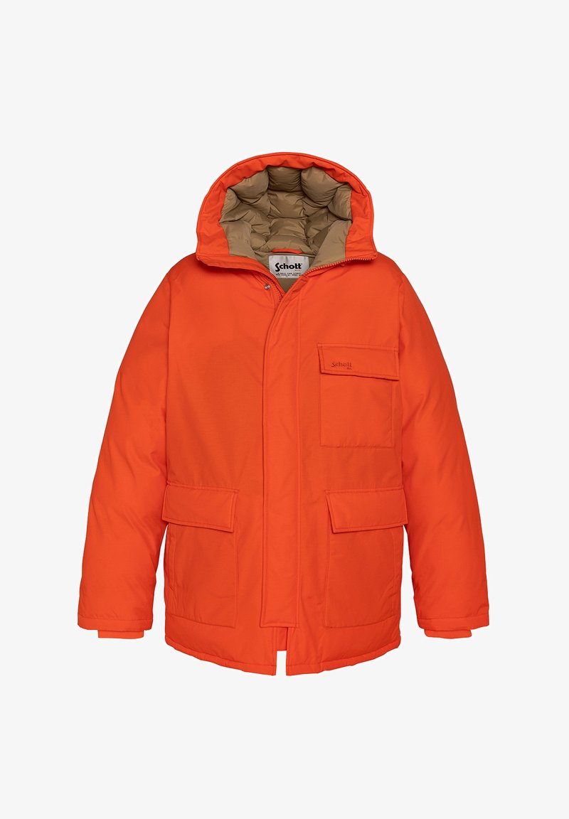 Orange isoleret jakke med hætte, der har en tan indvendig foring, frontlynlås og to frontlommer med klap.
