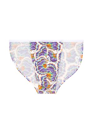 Men’s brief underwear with vibrant multicolor floral pattern on sheer white fabric, elastic waistband, and stitched edges.