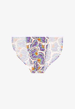 Herenonderbroek met een levendig multicolor bloemmotief op doorschijnende witte stof, elastische tailleband en gestikte randen.