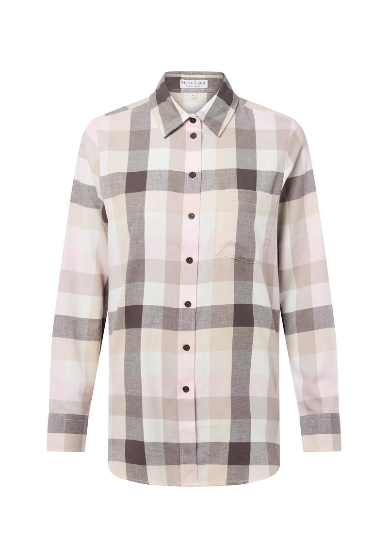 Camicia a maniche lunghe a quadri nei toni del rosa chiaro, beige e grigio, con una chiusura a bottoni e una tasca sul petto. Tessuto morbido al tatto.