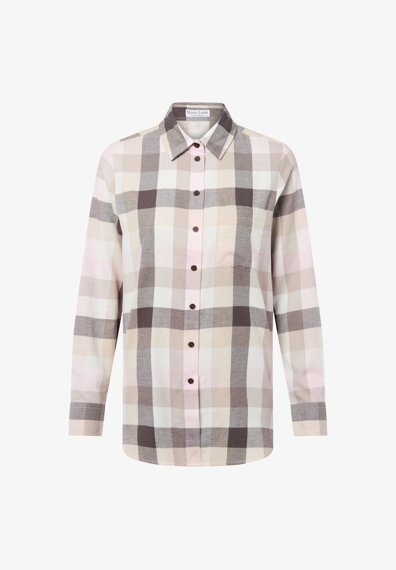 Long-sleeve plaid shirt in light pink, beige, and gray hues, featuring a button-up design and a chest pocket. Soft fabric texture.