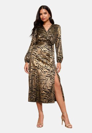 REGULAR FIT - LONG SLEEVE ANIMAL FOIL WRAP MIDI - Denné šaty - black/gold