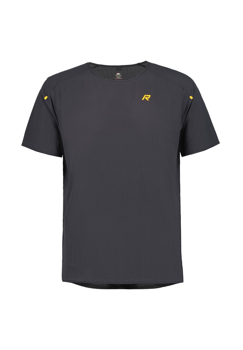 Maglietta sportiva a maniche corte in tessuto grigio scuro, con una sottile texture e un logo giallo sul petto, caratterizzata da accenti a contrasto sulle spalle.
