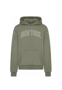 Olive green hoodie with front pocket, ribbed cuffs, and hem. Features "NEW YORK" printed in a curved design on the chest. Cotton blend texture.