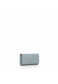 Portafoglio in pelle di colore azzurro chiaro con chiusura a pattina, caratterizzato da una texture liscia e un sottile dettaglio del logo dorato sul fronte.