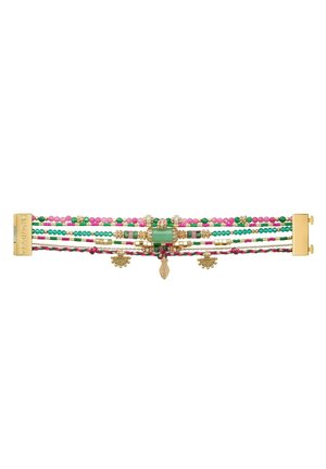 Multi-strand bracelet with pink, green, and gold beads, featuring a central green accent and decorative gold charms. Magnetic clasp closure.