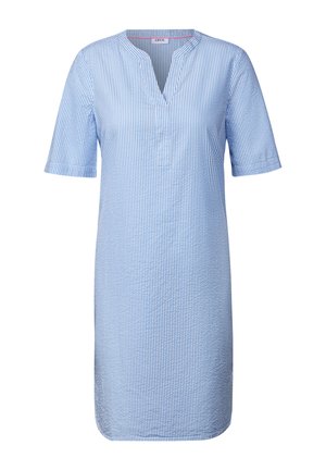 Gestreiftes Kleid in Blau und Weiß, kurzärmlig, mit V-Ausschnitt, lockerer Schnitt und weicher Baumwolltextur. Mit horizontalen Streifen und einem luftigen Design.