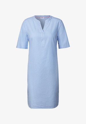 Vestido de rayas en azul y blanco, de mangas cortas, con escote en forma de V, con un corte holgado y una textura de algodón suave. Presenta rayas horizontales y un diseño ligero.