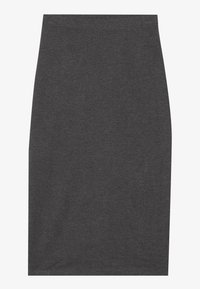 Dark gray pencil skirt made of soft cotton fabric. Features a fitted design and elastic waistband. Smooth texture with no visible patterns.