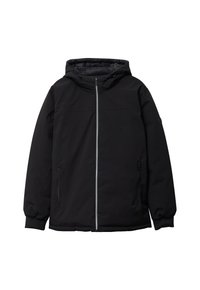 Chaqueta aislante negra con capucha, cremallera frontal, puños elásticos y dos bolsillos laterales. Textura suave y diseño minimalista.
