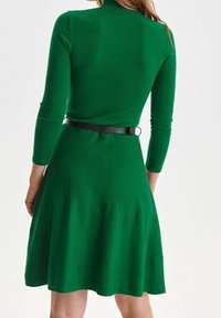 Grön stickad klänning med hög hals och lång ärm. Har ett svart bälte i midjan, utsvängd kjol och slät textur.