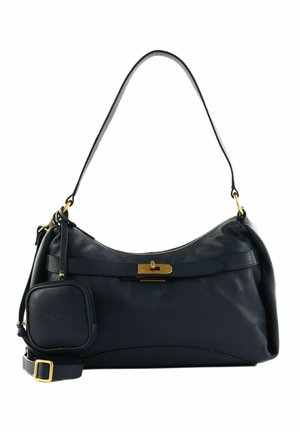 Sac à bandoulière en cuir noir avec fermoir doré et petite pochette attachée, comprenant une sangle ajustable et une finition texturée.