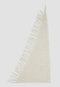 Plaid de jet triangulaire gris clair avec franges sur un bord, fabriqué en tissu texturé doux. Présente un petit accent décoratif en métal.