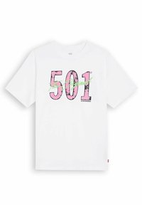 Bílý bavlněný tričko s výraznou růžovou grafikou "501" se zelenými akcenty a oprýskaným detailem. Krátké rukávy, kulatý výstřih.