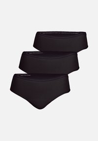 Ensemble de sous-vêtements slips noirs, trois pièces, en tissu lisse, avec un design sans coutures, une large ceinture et des accents élastiques subtils.