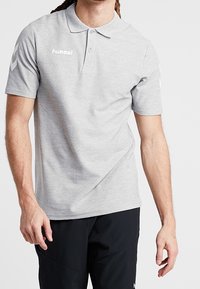 Polo gris à manches courtes avec un col, une patte de boutonnage à deux boutons et un logo sur la poitrine, avec des accents à motif chevron sur les manches.