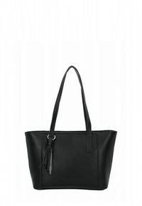 Schwarze Leder-Shopper-Tasche mit strukturierter Oberfläche, hohen Seitennähten, zwei Griffen und einer silberfarbenen Quastenverzierung.