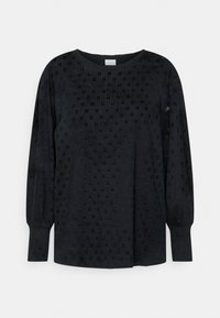 Schwarze Bluse mit langen Ärmeln, kleinem quadratischem Lochmuster, runder Halslinie und leicht puffierten Ärmeln mit geknöpften Handgelenken.