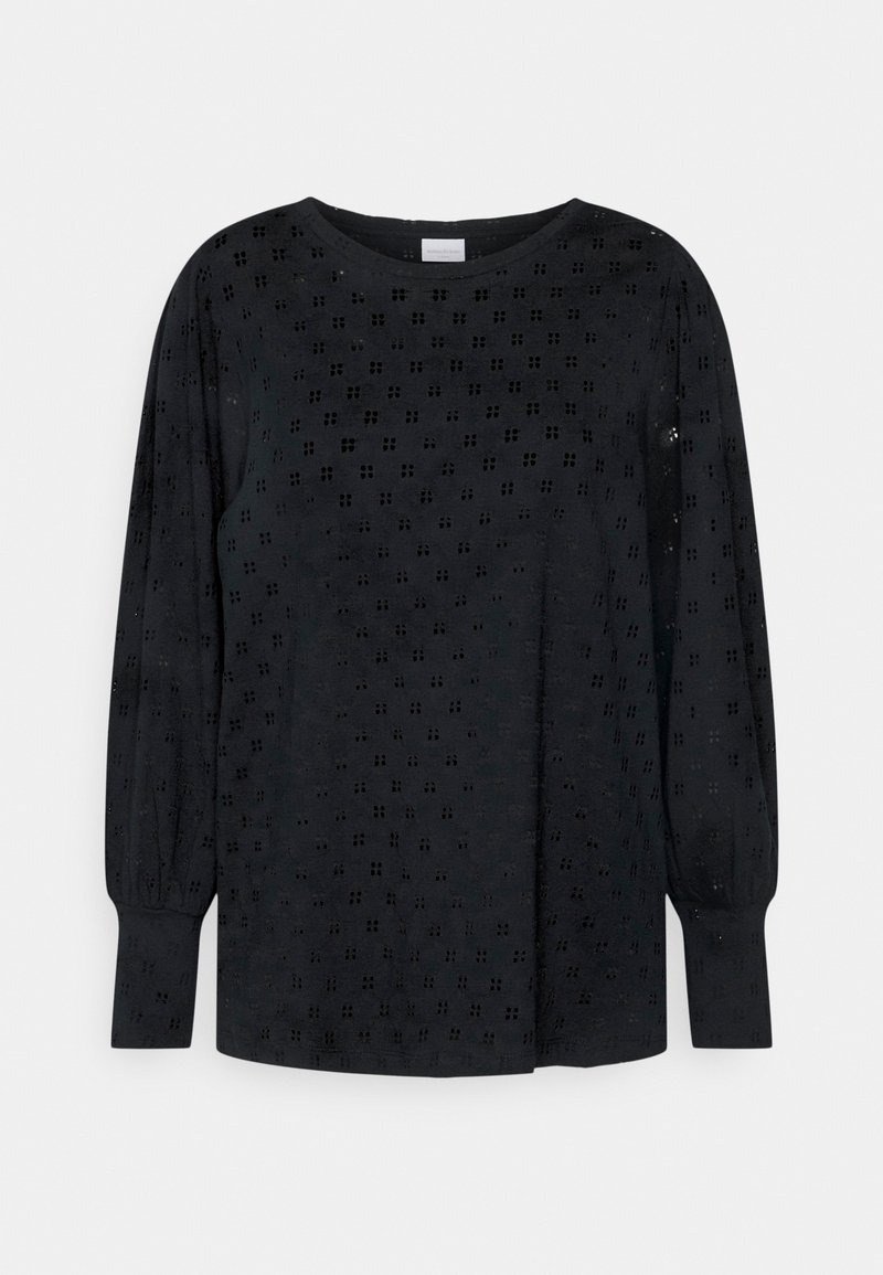 Schwarze Bluse mit langen Ärmeln, kleinem quadratischem Lochmuster, runder Halslinie und leicht puffierten Ärmeln mit geknöpften Handgelenken.