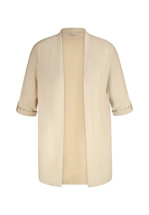 Cardigan kimono léger beige avec des manches roulées, une ouverture à l'avant et une texture douce. Présente un design simple sans embellissements.