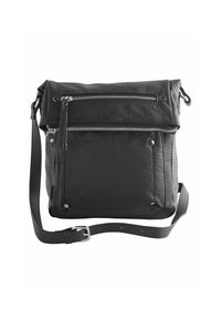 Čierna kožená crossbody taška s textúrovaným povrchom, vybavená predným zipsovým vreckom, dvoma bočnými akcentmi a nastaviteľným popruhom.