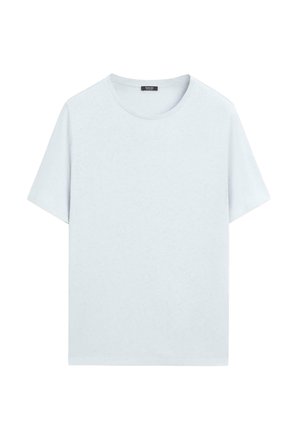 Ensfarvet lyseblå kortærmet bomuldst-shirt med rund hals, vist på en hvid baggrund.