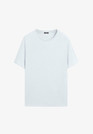 T-shirt en coton bleu clair uni à manches courtes avec un col rond, présenté sur un fond blanc.