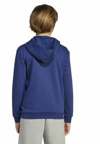 Persoon met kort lichtbruin haar, gekleed in een blauwe hoodie en grijze sweatpants, met de rug naar de camera gericht tegen een witte achtergrond.