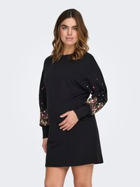 Black sweatshirt dress featuring long sleeves with colorful floral embroidery and accents. Soft fabric with a relaxed fit.