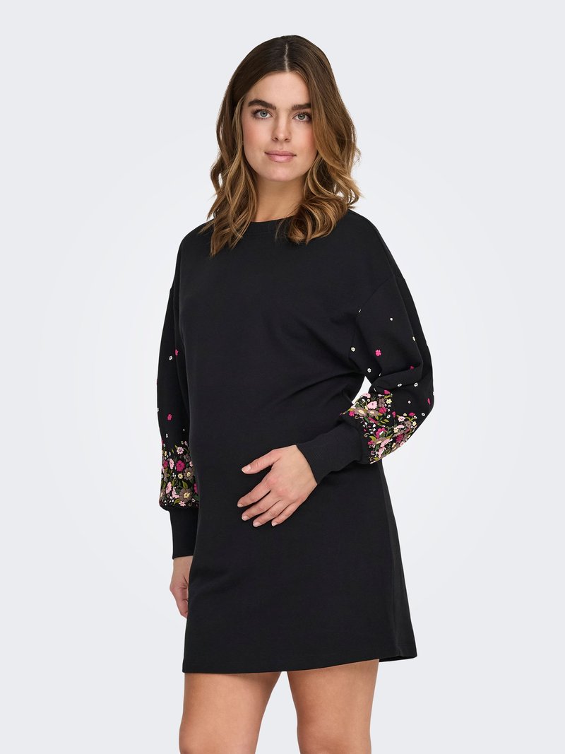 Black sweatshirt dress featuring long sleeves with colorful floral embroidery and accents. Soft fabric with a relaxed fit.