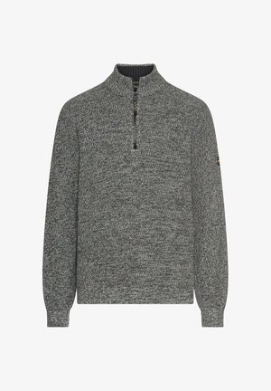 Grijze gebreide pullover met een rits-kraag, voorzien van een structuurpatroon en geribde manchetten. Inclusief een klein logo op de mouw.